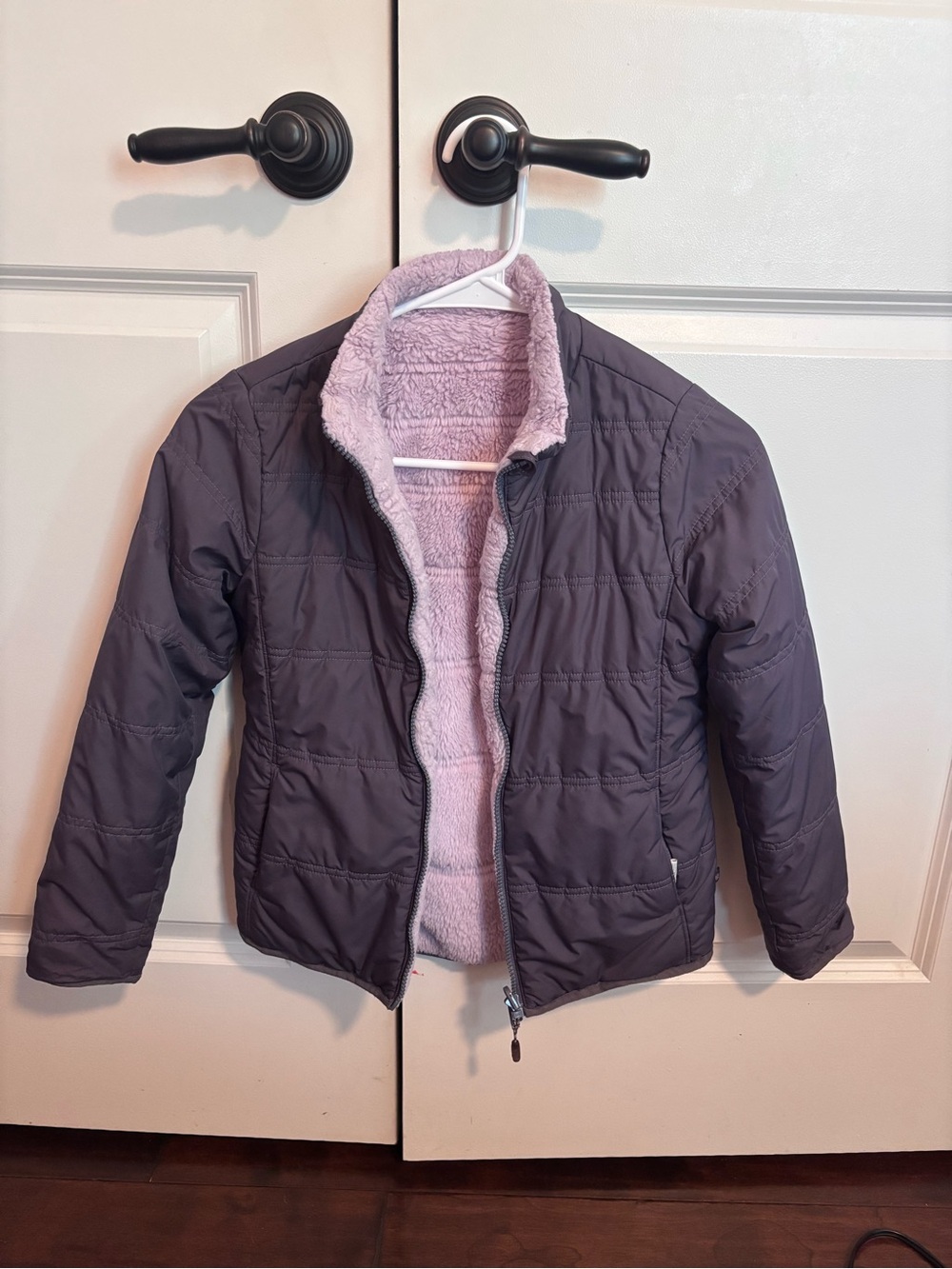 Athleta Girl Lavender Reversible Puffer Jacket with Pale Pink Sherpa